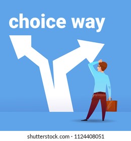 rear view businessman thinking confusion business choosing way direction financial concept on blue background flat vector illustration