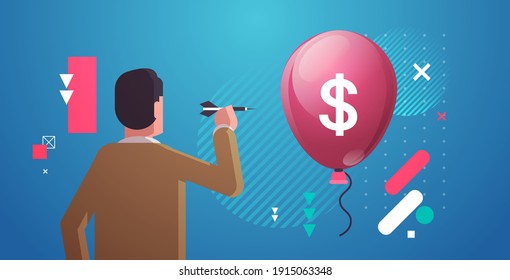 rear view businessman throwing darts to air balloon with dollar sign financial crisis bankruptcy income loss concept portrait horizontal vector illustration