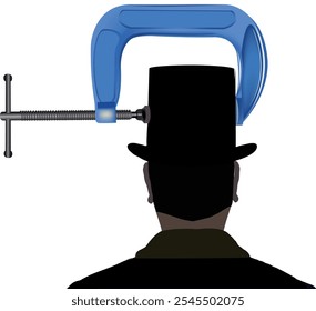 Rear view of a businessman wearing a top hat with his head being squeezed in a clamp