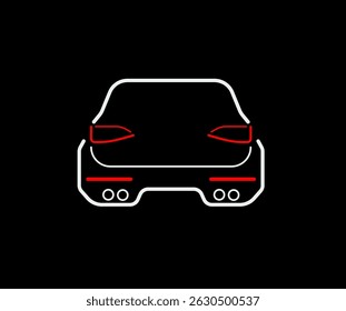 Rear View of Car With Red Brake Lights Drawn With Lines. Vehicle Outline Vector Icon Isolated on Black Background. Auto Vehicle Car, Illustration of Automobile Transport