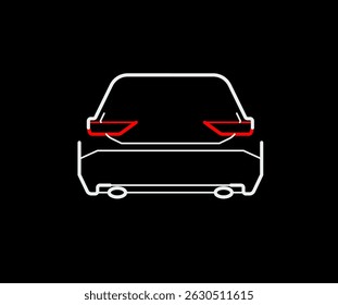 Rear View of Car With Red Brake Lights Drawn With Lines. Vehicle Outline Vector Icon Isolated on Black Background. Auto Vehicle Car, Illustration of Automobile Transport