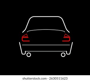 Rear View of Car With Red Brake Lights Drawn With Lines. Vehicle Outline Vector Icon Isolated on Black Background. Auto Vehicle Car, Illustration of Automobile Transport