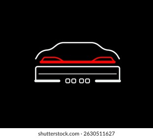 Rear View of Car With Red Brake Lights Drawn With Lines. Vehicle Outline Vector Icon Isolated on Black Background. Auto Vehicle Car, Illustration of Automobile Transport