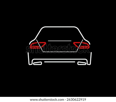 Rear View of Car With Red Brake Lights Drawn With Lines. Vehicle Outline Vector Icon Isolated on Black Background. Auto Vehicle Car, Illustration of Automobile Transport