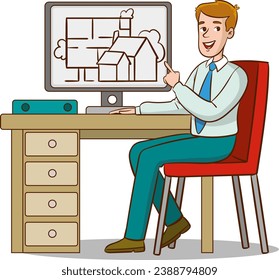 Vista trasera del hombre de dibujos animados trabajando en la ilustración del vector del proyecto de construcción