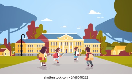 Rear View Children Group With Backpacks Running Back To School Education Concept Mix Race Pupils In Front Of Building Landscape Background Flat Full Length Horizontal