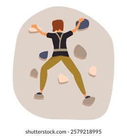 Rear view of a climber scaling an artificial climbing wall practicing lead climbing