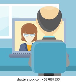 Rear view closeup of a bald man sitting at a desk and working on the computer. Lecturer on the computer screen. Workplace, make money online, e-business, e-learning, concept. Illustration in flat.
