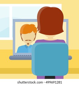 Rear view closeup of a brunette woman sitting at desk and working on the computer. Lecturer on the computer screen. Workplace, make money online, e-business, e-learning, concept. Illustration in flat