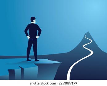 Rear view confident businessman standing by the edge of cliff, looking far away to long journey road in front of him to achieve his goal, vector illustration concept