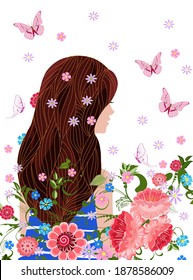 rear view of cute girl in striped blue dress with long brown hair looking at flying butterflies surrounded by flowers
