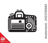 Rear view of DSLR camera with sunset in digital viewfinder vector glyph icon for World Nature Photography Day on June 15