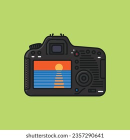 Rear view of DSLR camera with sunset in digital viewfinder vector illustration for World Nature Photography Day on June 15