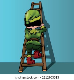 Rear View of a Dwarf in Green Clothes Climbing a Ladder - Colored Cartoon Illustration with Background, Vector