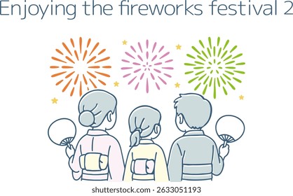 Vista traseira de uma família desfrutando de uma queima de fogos de artifício