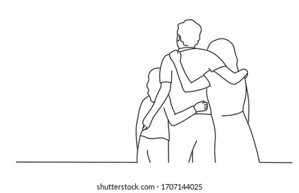 Rear view of family. Man, woman, girl hugging. Line drawing vector illustration.