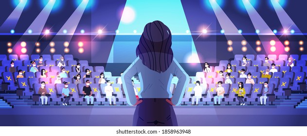 Rear View Female Doctor Giving Speech At Medical Conference With People In Masks Medicine Healthcare Coronavirus Quarantine Concept Lecture Hall Interior Horizontal Vector Illustration