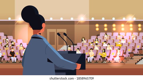 rear view female doctor giving speech at medical conference with people in masks medicine healthcare coronavirus quarantine concept lecture hall interior horizontal vector illustration