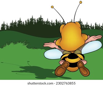 Rear View of Flying Honeybee - Colored Cartoon Illustration with Background, Vector