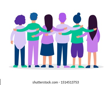 Rear view of friends hugging. International group of happy smiling men and women over white. People from their back. Team hug. Vector illustration