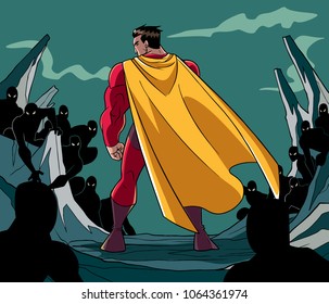 Rear view full length illustration of a cartoon brave superhero standing alone in confrontation with the forces of evil as concept for courage and positive power.