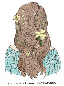 Rear view of a girl is hairstyle with flowing hair in Boho style with flowers and braids in vector