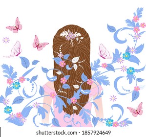 rear view of girl with long hair in pink dress standing surrounded graceful floral pattern with butterflies and tiny flowers