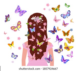 rear view of girl with long hair in pink dress standing surrounded flying butterflies and tiny flowers