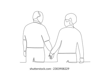 Rear view of grandparents holding hands. Grandparent day one-line drawing