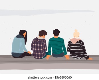 Rear view group friends sitting together  by lake  Guys   girls  students are embrace in front sea  Friendship concept  Flat vector illustration
