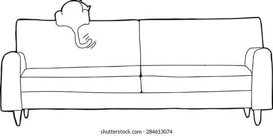 Rear view of happy cat on sofa wagging tail