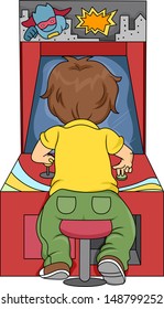 Rear View Illustration of Kid Boy Playing in Arcade