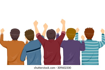 Rear View Illustration of Men Cheering Wildly