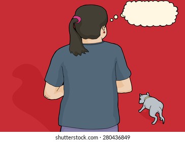 Rear view illustration of person looking at stray dog