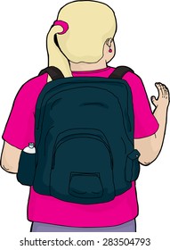 Rear view illustration of woman in pink waving