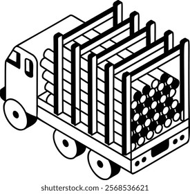 Rear view of loaded logging trailer isometric concept, Heavy truck pulls timber birchwood vector outline design, firewood or crafts Symbol, forest Deforestation products Sign,Lumberyard illustration