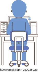 Rear view of a male employee sitting in front of a computer