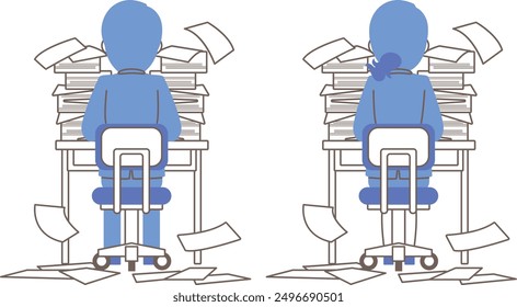 Rear view of a male and female employee sitting in front of a large amount of documents
