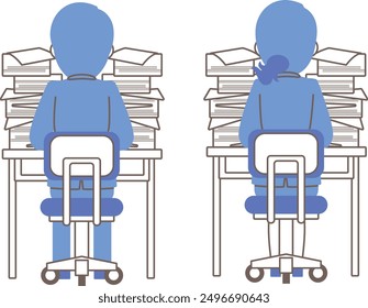 Rear view of a male and female employee sitting in front of a large amount of documents