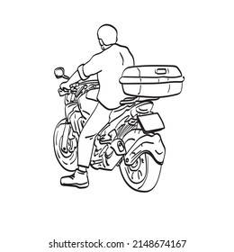 hombre de visión trasera con su motocicleta con su equipaje o en la ilustración trasera mano vectorial dibujada aislada en el arte de fondo blanco.