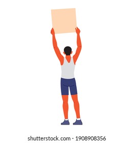 A rear view of man holding placards and placards about a global strike for climate change or a picket against human rights violations. Cartoon character of vector illustration, isolated on white.