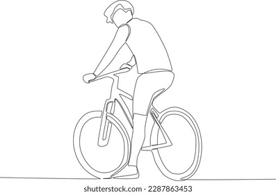 Rear view of a man sitting on a bicycle. World bicycle day one-line drawing