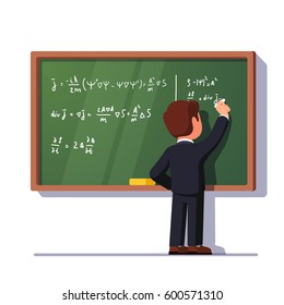 Rear View Of Man Teacher Or Student Writing Formulas On A Green Classroom Chalkboard  Holding Chalk In Right Hand. University Or School Education Concept. Flat Style Vector Isolated Illustration.