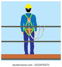 Vista traseira de um trabalhador de pé no andaime ou plataforma de trabalho com guardrail com arnês de segurança para prevenção de quedas.