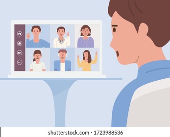 Rear view of Men using a video conference speaking with his team on laptop screen for a business meeting. Illustration new normal of the world. People using internet to connect with partners.