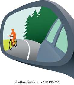 Rear view mirror with bicycle appearing; dangerous driving; awareness on road; isolated vector illustration