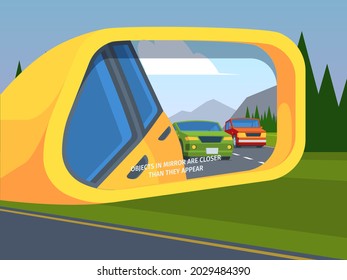 Rear view mirror. Car reflection side driving symbols outdoor vehicle safety mirror garish vector illustration in flat style