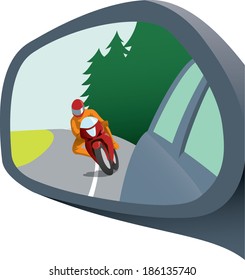 Rear view mirror with motorcycle appearing trying to pass; dangerous driving; awareness on road; isolated vector illustration