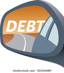 Rear view mirror with word debt appearing; concept for debt; isolated vector illustration