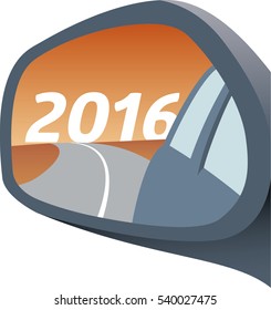 Rear view mirror with year 2016 appearing; last year retrospective; isolated vector illustration